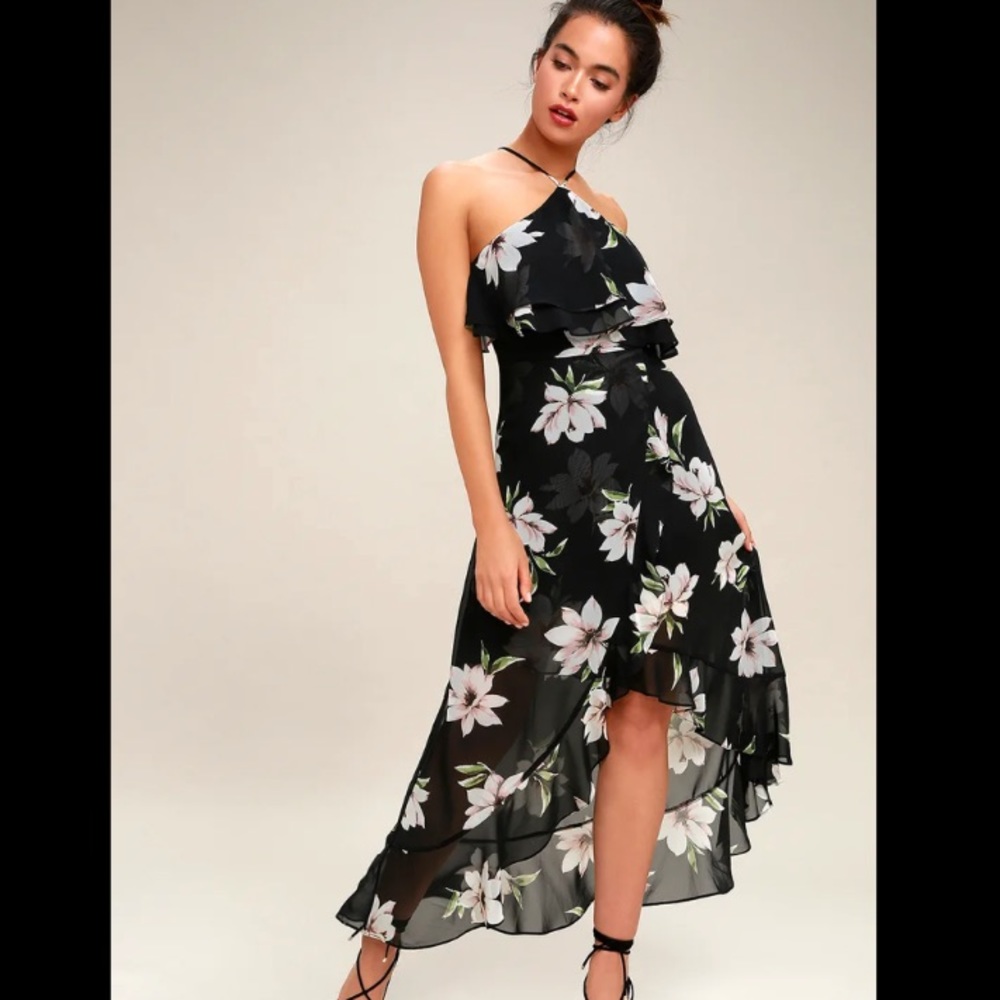 Divine Desire Black Floral Print Halter Midi Dress